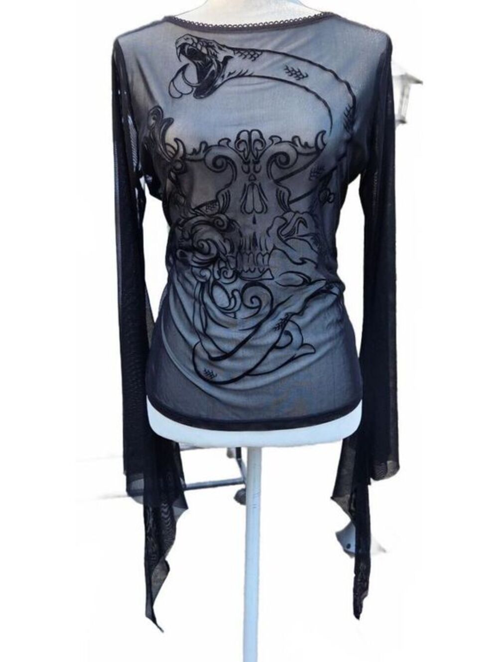 Fashion Goth Mesh Top Skull Snake Flocked Whimsigoth Grunge Size L